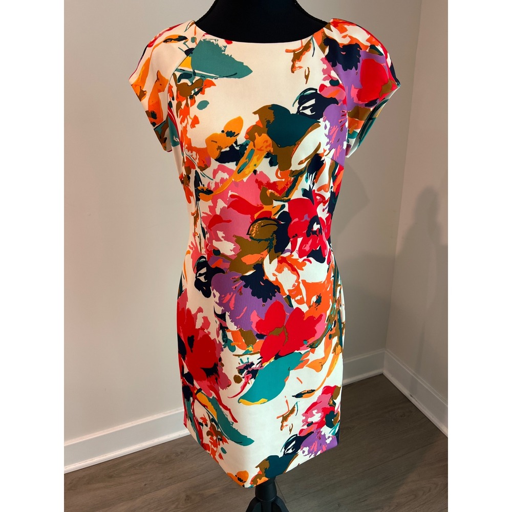 ECI New York‎ Women Multicolor Floral Abstract Sheath Dress Cap Sleeve Size 4
